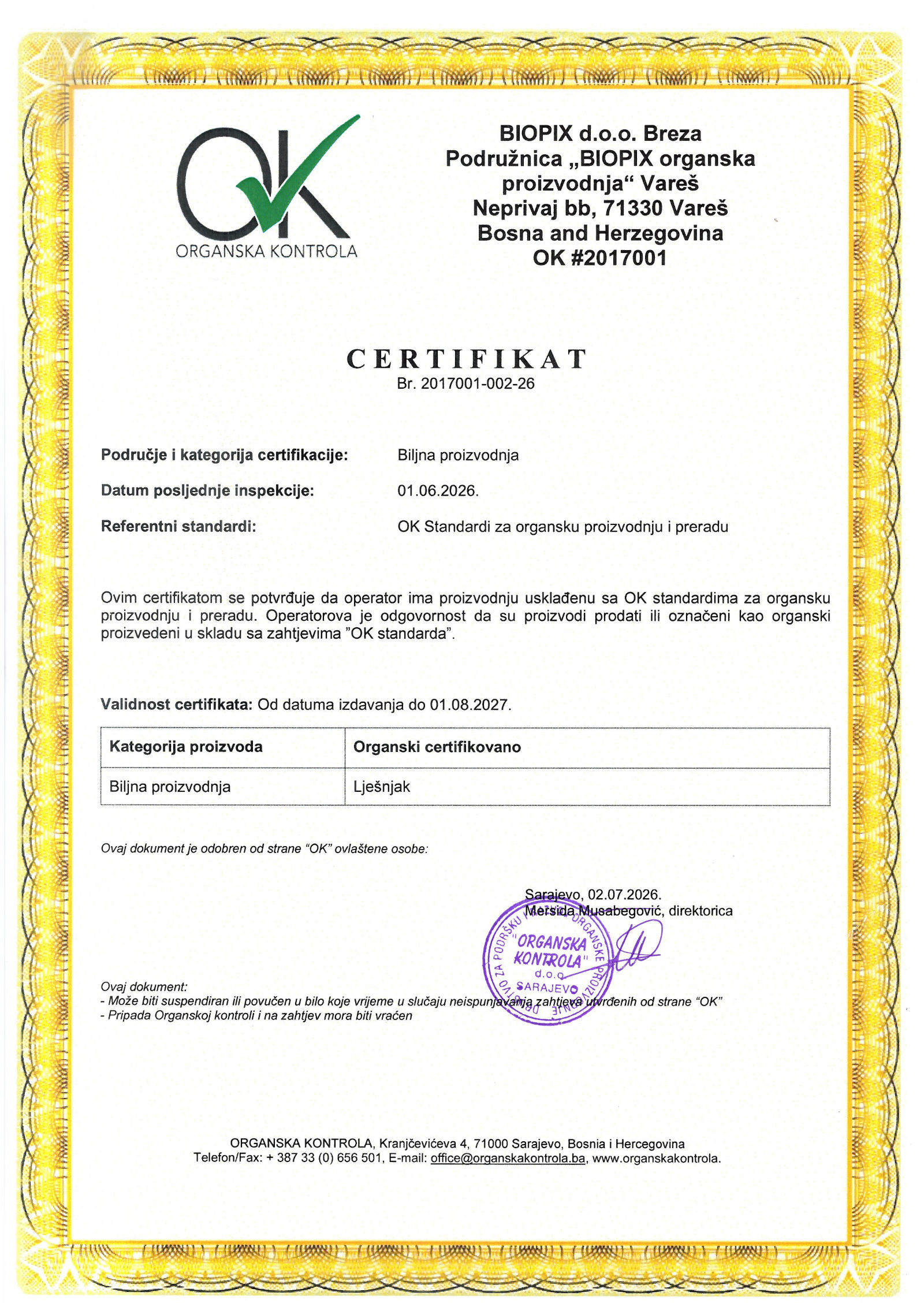 Organski certifikat BIOPIX d.o.o.
